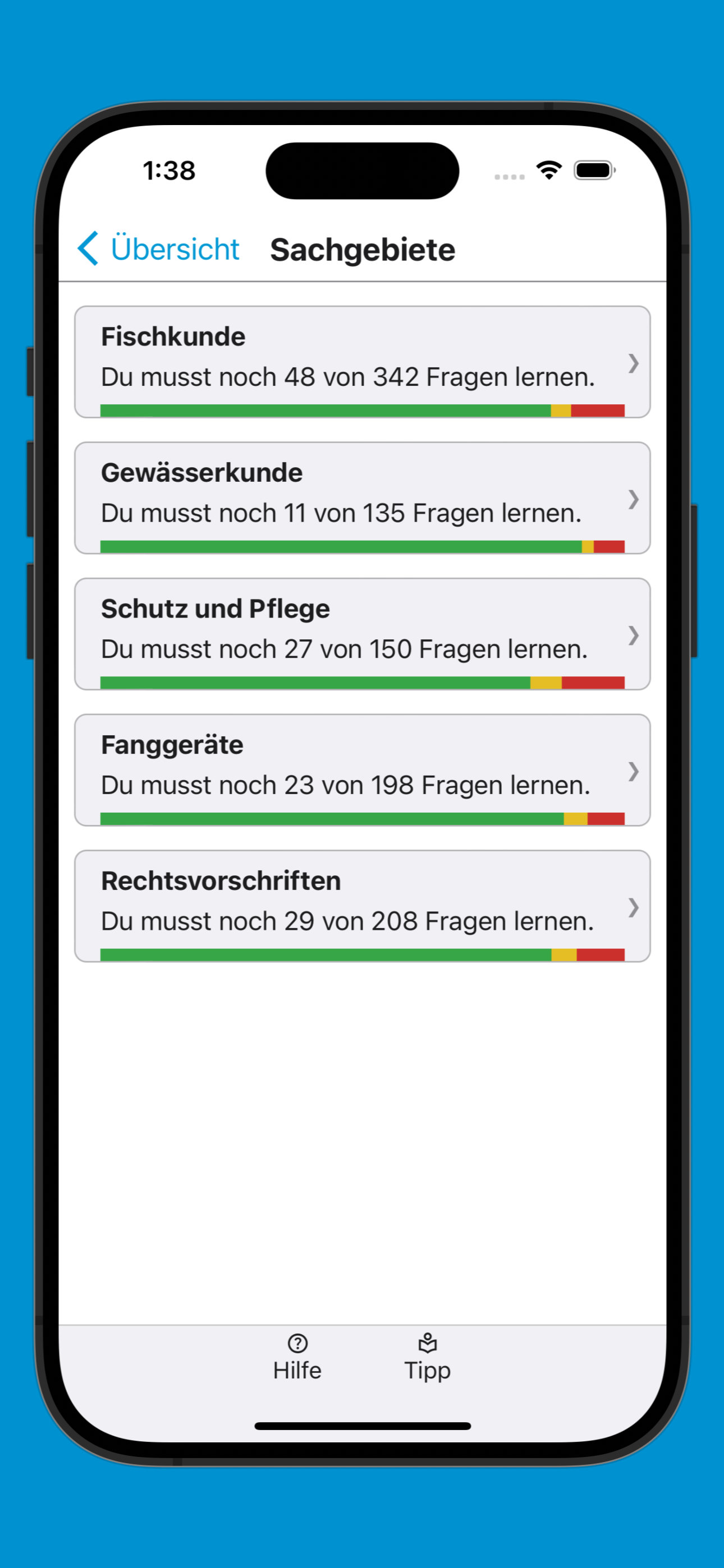 Bildschirmfoto der Übersicht über den Lernfortschritt in allen Sachgebieten