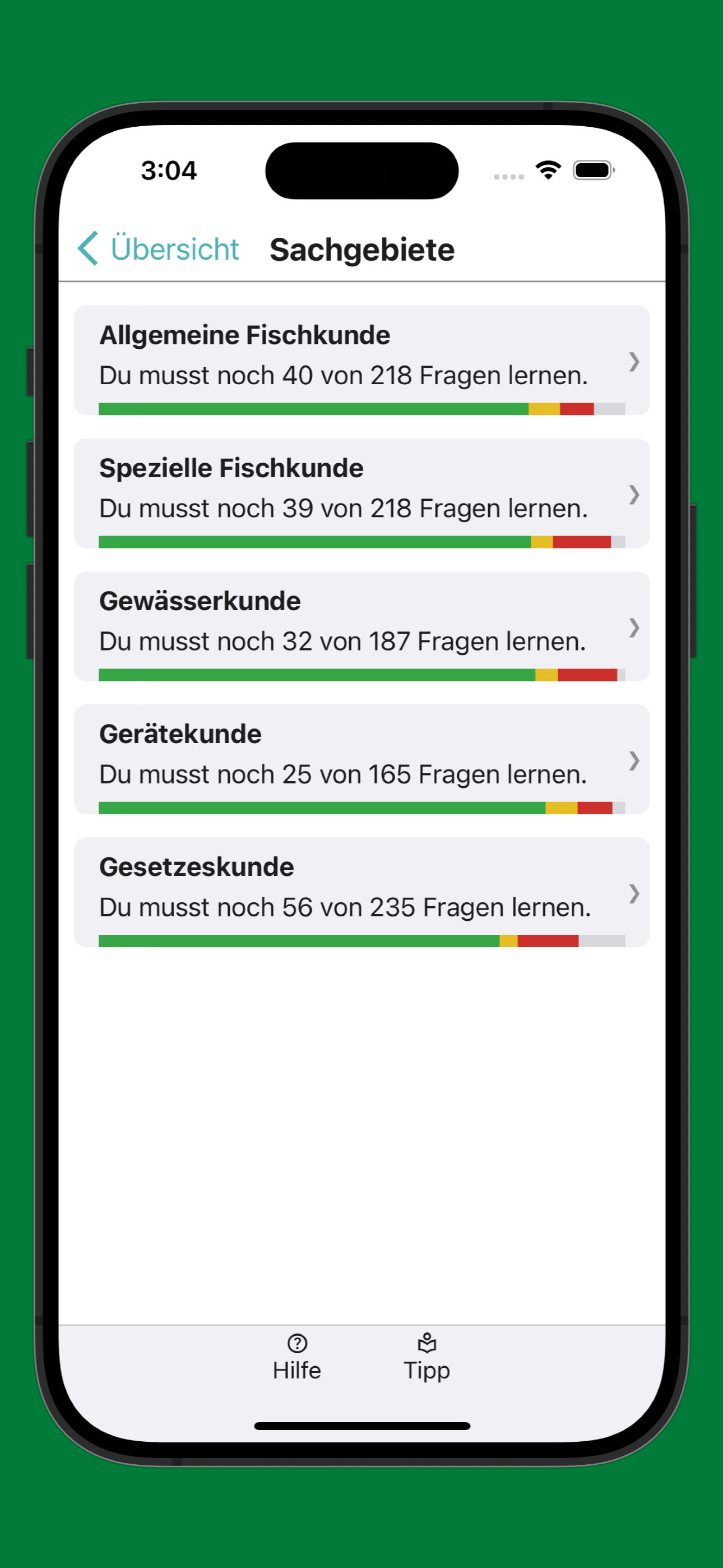 Bildschirmfoto der Übersicht über den Lernfortschritt in allen Sachgebieten